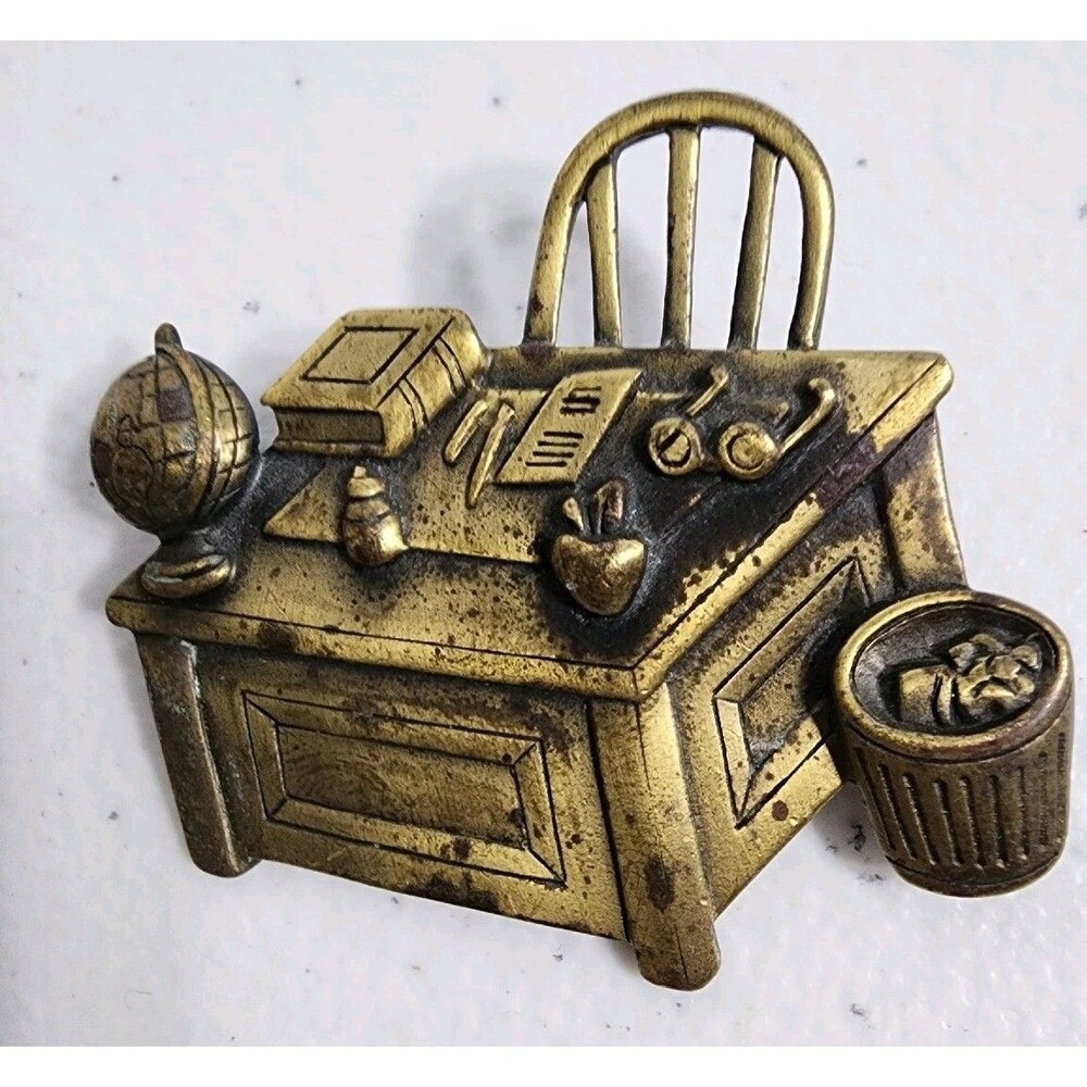 Costume Jewelry Brass Tone Vintage Desk Brooch Pin Signed JJ Globe Book Pencil